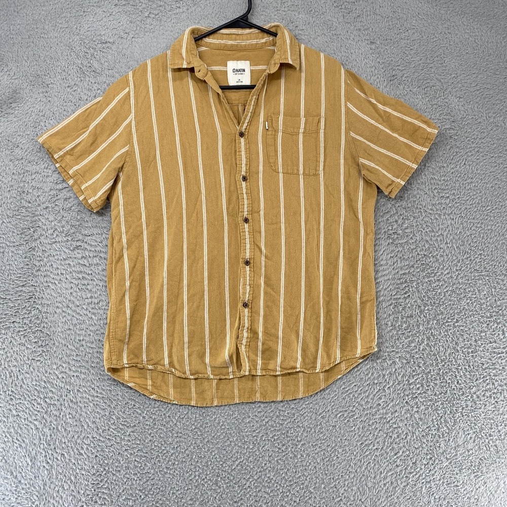 Katin Stripe Shirt Mens Large Brown Short Sleeve Button Up Summer Beach Vacation